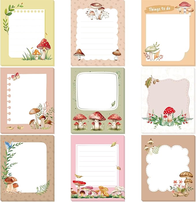 Sabary 9 Pads Cute Sticky Notes Animal Sticky Note Pads 3.15 x 3.94 Inches Colored Adhesive Memo Reminder Decor for Journal School Office Gifts(Mushroom)