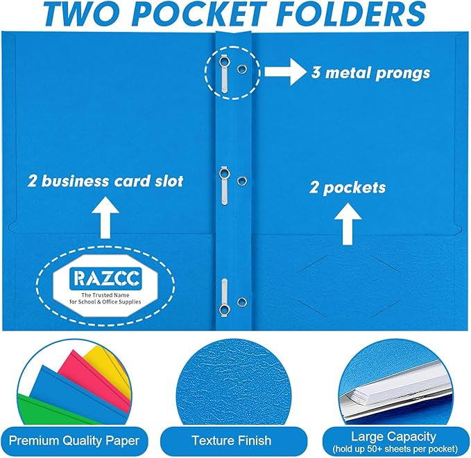 Two Pocket Folders, RAZCC 75 Pack Two Pocket Folders with Prongs, 3 Prong Folders Fit Letter Size Paper, Pocket Paper File Folders for School Office Home Business, Assorted 5 Colors
