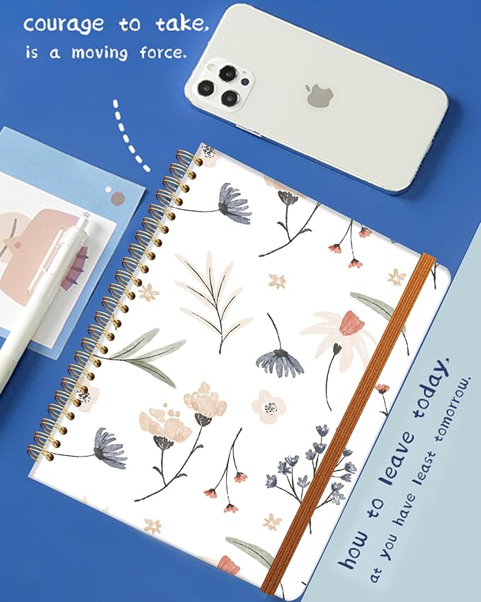 Ruled Spiral Writing Notebook,A5 Hardcover Lined College Journal for Women,Strong Twin-Wire Binding with Premium Paper,8.4" X 6",Perfect for School,Office,Home(Graceful Watercolor Flower)