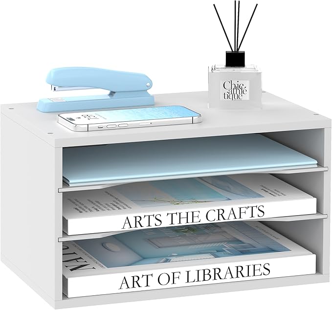 SUPEASY Wood Desk Organizer, 3 Tier Paper File Organizer for Desk, Wooden Desktop Organizer, Paper Letter Literature Mail Sorter, for Office School & Home Organization, White