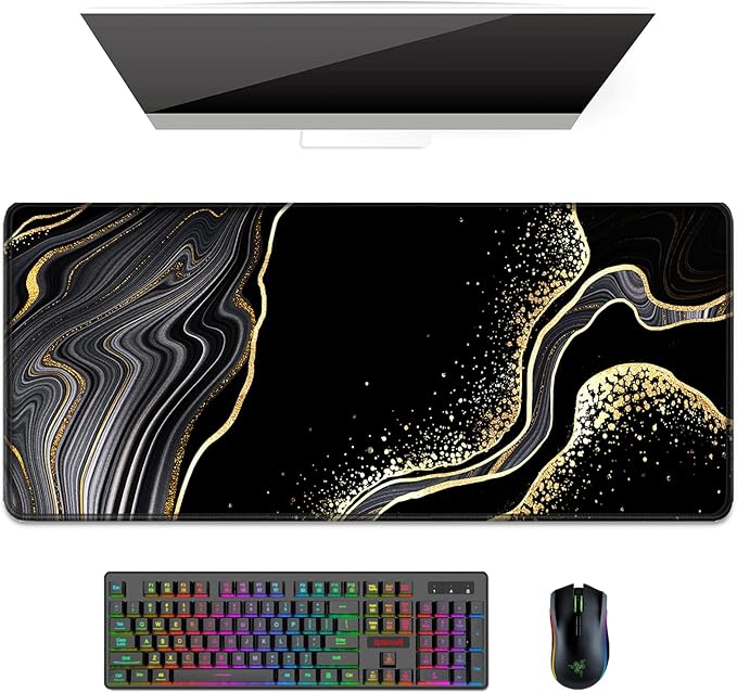 Auhoahsil Desk Pad, XL Extended Large Gaming Mouse Pad 31.5 x 11.8 Inch, Waterproof Mousepad with Stitched Edges, Non-Slip Computer Keyboard Laptop Mat for Women Men Office Work, Black Gold River