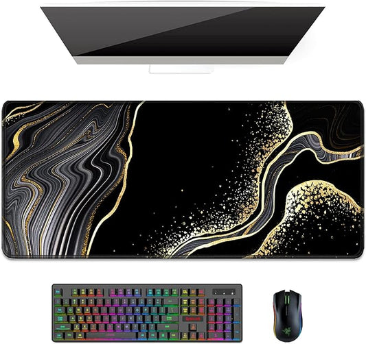 Auhoahsil Desk Pad, XL Extended Large Gaming Mouse Pad 31.5 x 11.8 Inch, Waterproof Mousepad with Stitched Edges, Non-Slip Computer Keyboard Laptop Mat for Women Men Office Work, Black Gold River