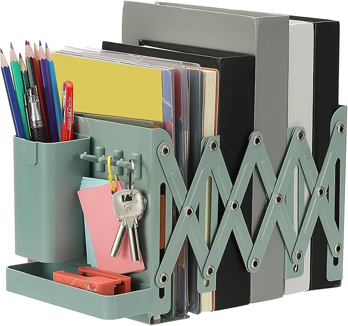 PATIKIL Adjustable Book Ends, 6.5" Tall Heavy Duty Metal Adjustable Bookends Book Holders Organizer with Removable Pen Holder Tray and 3 Hook-up for Heavy Books Desk Office Home, Green