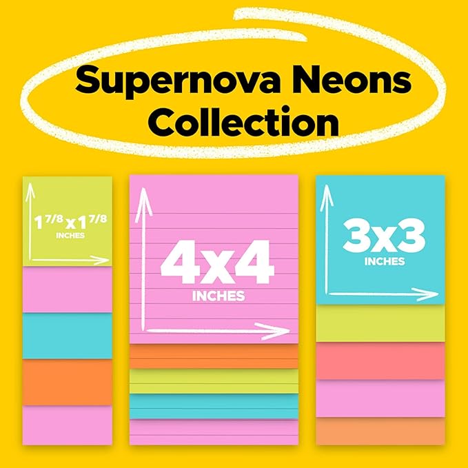 Post-it Super Sticky Notes, Assorted Sizes, 15 Pads, 2X The Sticking Power, Supernova Neons Collection, Neon Colors (Orange, Pink, Blue, Green), Recyclable (4423-15SSMIA)
