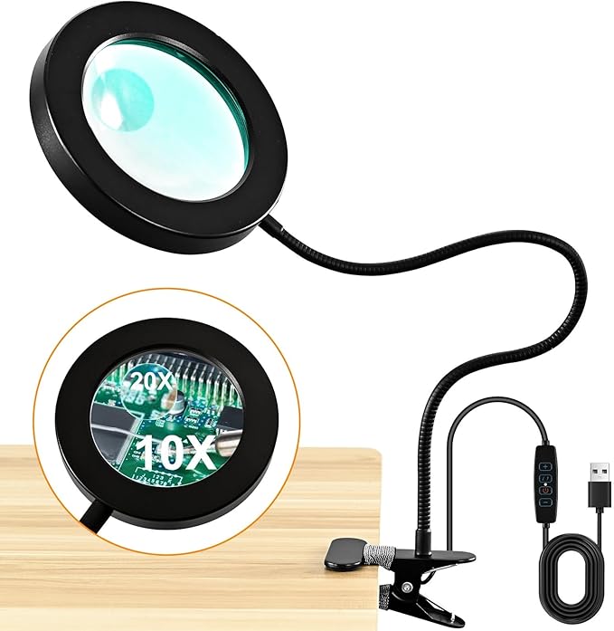 20X/10X Dual-Lens Magnifying Glass with Light and Timer, Combination Lens Magnifier with Light, 3 Color Modes, 2 in 1 Magnifying Desk Lamp for Craft Hobby Painting Sewing Close Work(No Adapter)
