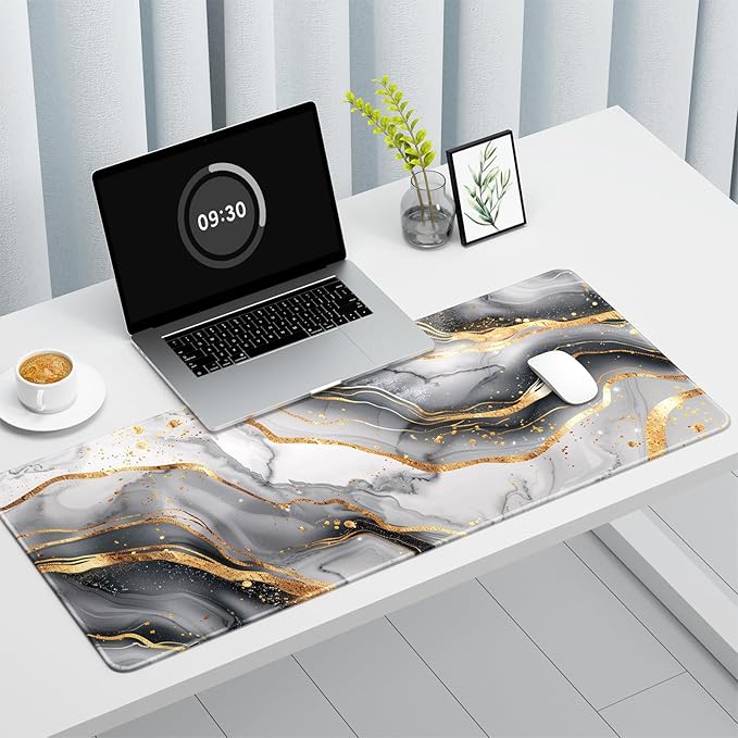 Auhoahsil Desk Mat, Ultra Large Mouse Pad, XXL Gaming Mousepad, Pretty Desk Pad, Big Extended Full Size Desktop Desk Matt for Keyboard, Laptop & Computer, 35.5 x 15.7 in, White Gray Marble