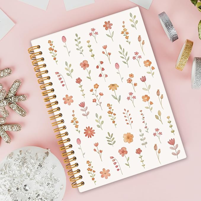 Boho Floral Spiral Notebook Journal, Cottagecore Wildflower Pretty Notebooks for Note Taking, Rustic Botanical Flower Journals for Women, Hardcover Notebook 5.5x8.3