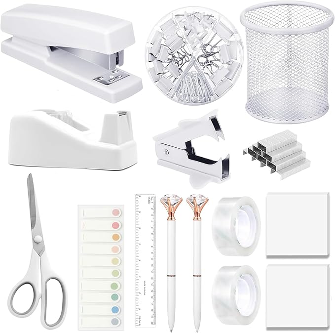 Office Supplies,Desk Accessories, Stapler and Tape Dispenser Set for Women with Stapler, Tape Dispenser, Staple Remover, Staples, Clips, Scissor and Tabs,Gift for Students, Coworkers