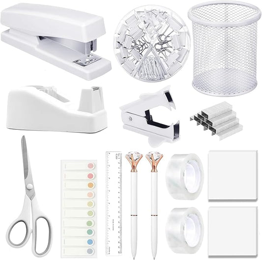 Office Supplies,Desk Accessories, Stapler and Tape Dispenser Set for Women with Stapler, Tape Dispenser, Staple Remover, Staples, Clips, Scissor and Tabs,Gift for Students, Coworkers