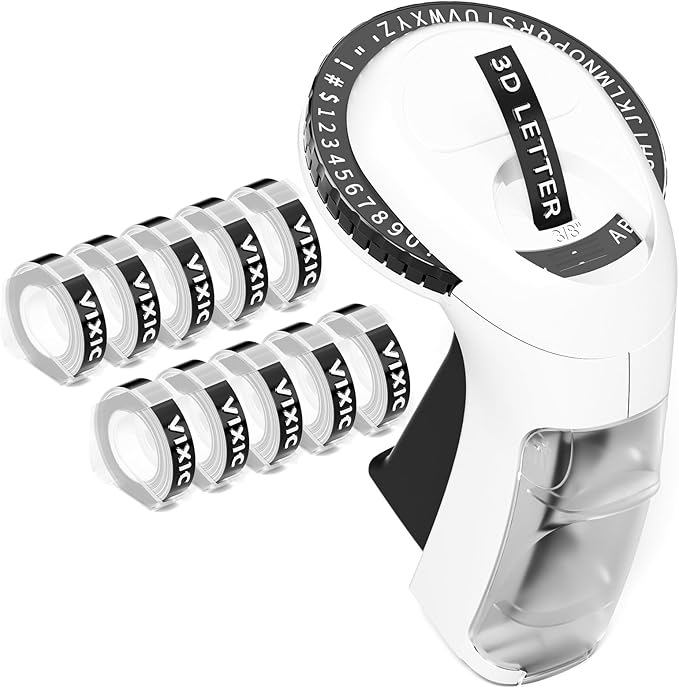 Vixic Embossing Label Maker Machine with Tapes, Vintage Retro Manual Punch Old School Embossed Labeler with 10 Rolls 3D (3/8") Embosser Tapes for Home Kids DIY Crafting & Scrapbooking, Black