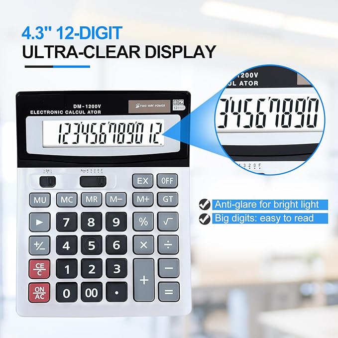 Desktop Calculator 12-Digit with Extra Large LCD Display, Big Buttons for Accounting & Office/School/Home Use - Dual Power (Solar/Battery)