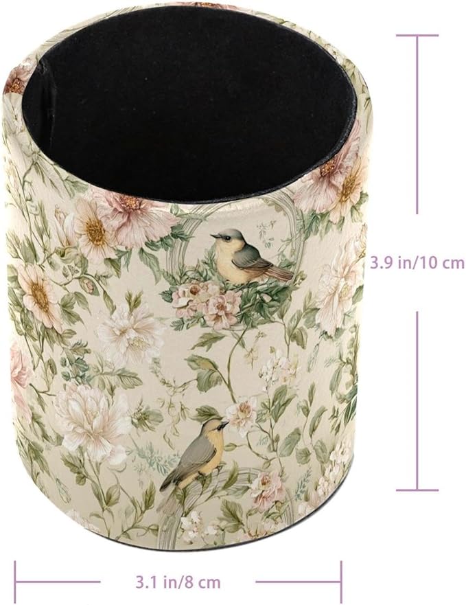 Leather Pen Holder for Desk Trees Leaf Birds Pretty Pencil Cup Desktop Organizer Makeup Brush Holders Office Supplies for Home, Kids & School