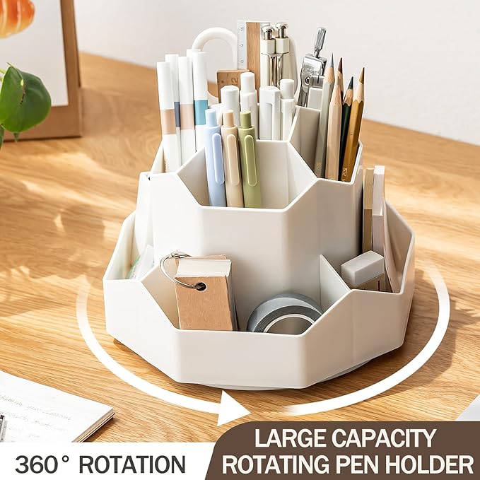 INSTOME Desktop Organizer with Pencil Holders,360°Rotating Pen Holder for Desk Organizer,9 Compartments and Makeup Brush Holders,Multifunctional Office Supplies for Home,Teachers and School