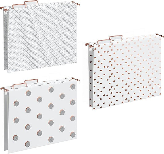 Y YOMA 6 Pack Rose Gold Hanging File Folders Letter Size Decorative File Folder Cute Pretty Hanging Folder Organizer for Filing Cabinet Office Home with 1/5-Cut Adjustable Tabs, 3 Gold Foil Design