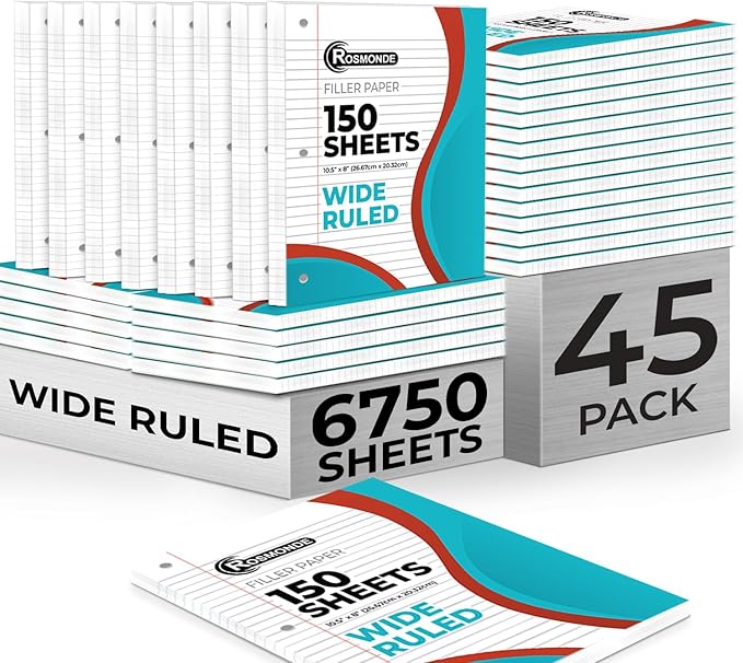 Rosmonde Loose Leaf Paper Bulk, 6750 Sheets, Wide Ruled, 8 x 10.5", Filler Papers for Office, 56 Gsm Thick Sheets, 3 Hole Punched for Binders, 45 Pack, 150 Sheets/Pack, Bulk Notebook Paper, White
