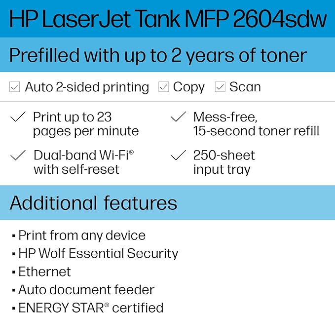 HP LaserJet-Tank MFP 2604sdw Wireless Black & White Printer Prefilled With Up to 2 Years of Original HP-Toner (381V1A)