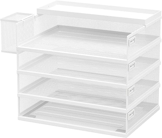 Metal Stackable Letter Trays, 4-Tier Desk Organizer & Paper Trays for Office, Stackable File & Document Tray with Magnetic Labels,White