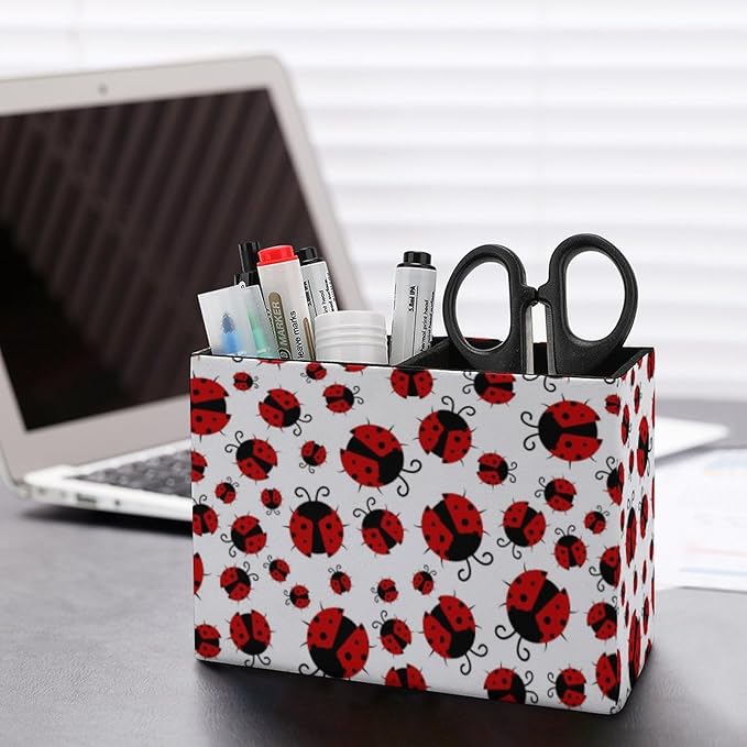 Pen Holder, Pencil Holder for Desk Organizer, Summer Red Ladybugs PU Leather Pencil Cups Desktop Stationery Storage Makeup Brush Holder Pen Organizer for Office Home