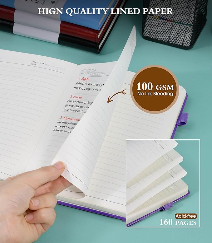 Lined Journal Notebook for Writing, A5 100 GSM Thick Paper, Leather Hardcover Journal for Woman Men, Travel Journal Diary 160 Pages(5.75'' X 8.38''Purple)