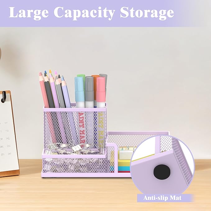 SUPEASY Mesh Pen Holder Desk Organizer, Office Supplies Pencil Storage with 3 Compartments, Office Desk Accessories and Workspace Organizers for Home School, Purple