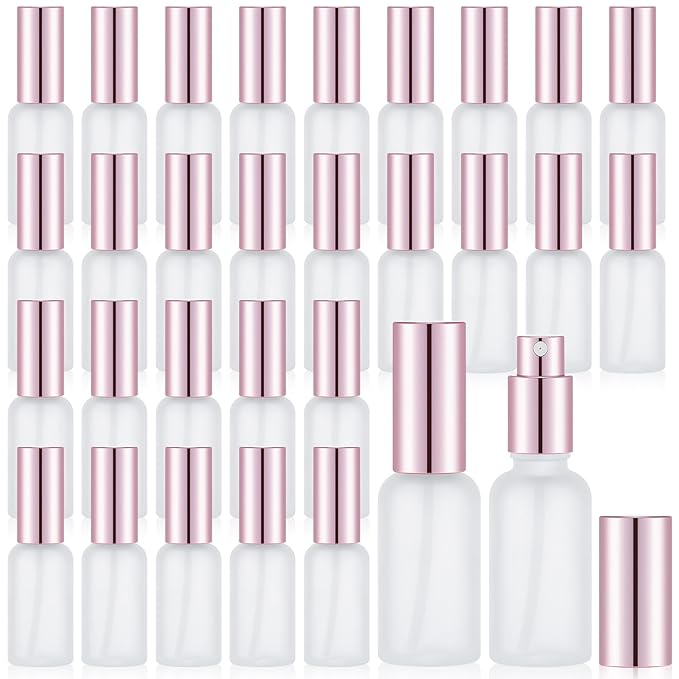 Roshtia 30 Pcs 1 oz/ 30 ml Rose Gold Glass Spray Bottle Refillable Perfume Atomizer Clear Decorative Empty Bottles with Fine Mist Sprayer Pump for Face Body Travel