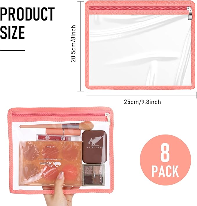 Outus 8 Pcs Clear Zipper Pouches Pencil Pouches PVC Makeup Pouch Envelopes Folder Storage Multi Purpose Document File Organization Bags, Office Supplies (Champagne Edging,9.8 x 8 Inches)