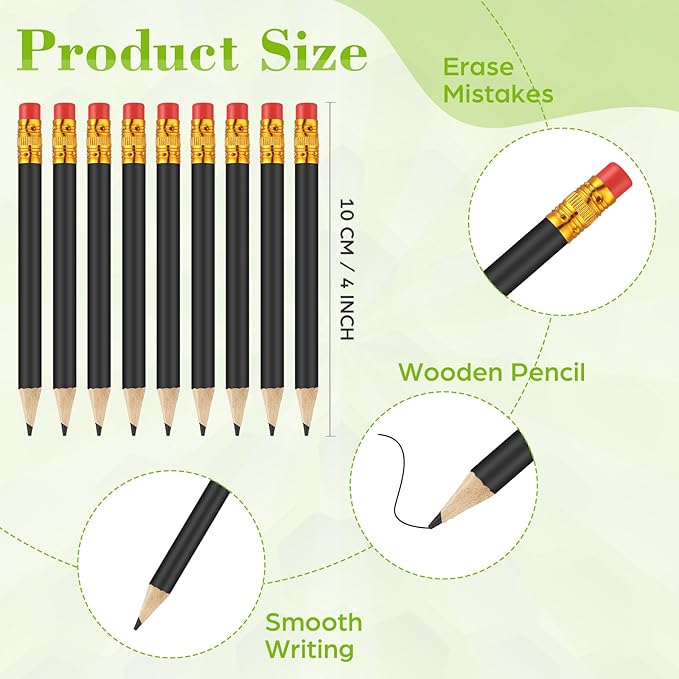 50 Pcs 4 Inch Mini Golf Pencils with Erasers Bulk Pack of Wooden Pencils for Parties Weddings School and Offices (Black)