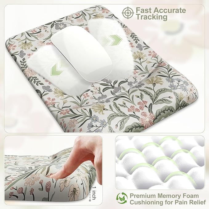 iCasso Mouse Pad with Wrist Rest,Large Desk Mat Set,Ergonomic Keyboard Pad with Wrist Support,Non-Slip Mouse Mat for Women,Cute Floral Computer Mat for Home Office Gaming (Gray Floral)