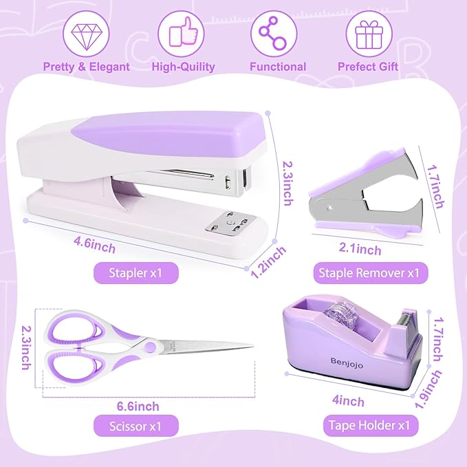 Purple Office Supplies, Purple Desk Accessories for Women, Cute Stapler and Tape Dispenser Set- Staple Remover, Clips, Staples, Scissor, Knife, Ruler, Tabs, Gift for Coworkers, Students