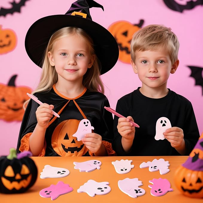 72pcs Halloween Pink Ghost Sticky Notes & Pens & Ribbons Set, Pink Little Boo Pastel Notepads Gift, Self-Stick Memo Pad for Office Classroom Halloween Back to School Party Favor Supplies