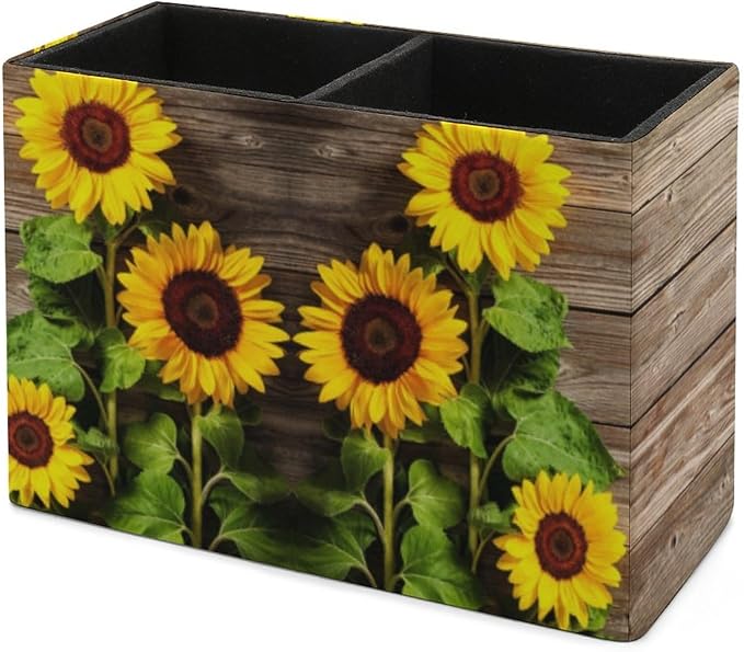 Pen Holder, Pencil Holder for Desk Organizer, Summer Wooden Sunflower PU Leather Pencil Cups Desktop Stationery Storage Makeup Brush Holder Pen Organizer for Office Home