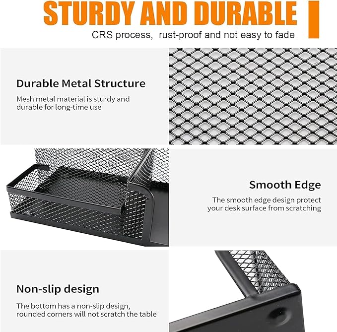 Desk Organizers and Accessories Set, Mesh Pen Holder,Office School Home Desktop Supplies for Clip Phone Sticky Notes,Mail, Caddy Storage Baskets(Black,5 Piece Set)