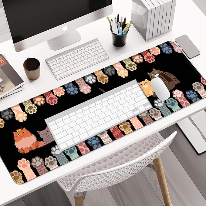 Cute Cat Paw Desk Mat, Extended Kawaii Cat Large Gaming Mouse Pad, Computer Keyboard Laptop Mousepad for Work, Game, Office and Home, XL