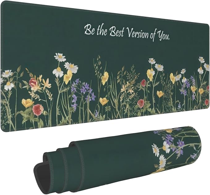 Floral Inspirational Quote Large Mouse Pad, Flowers Gaming Desk Mat, XL Keyboard Desk Pad Mat for Desktop, 31.5"x11.8" Non-Slip Base Big Mousepad with Stitched Edges