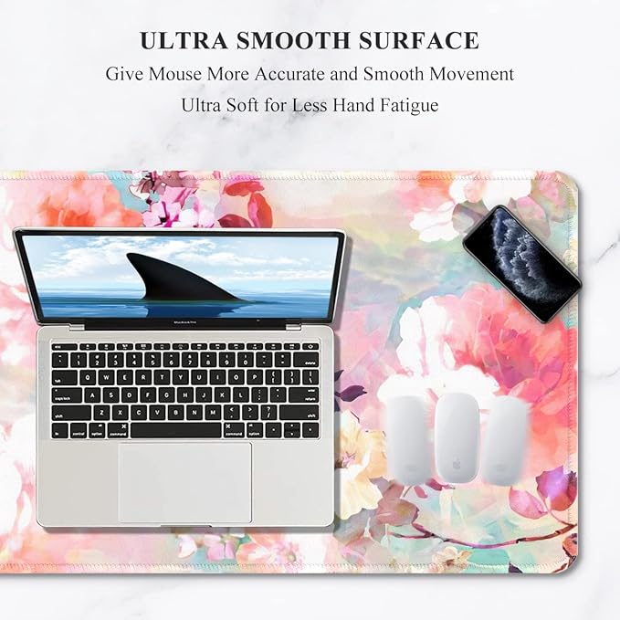 Auhoahsil Desk Pad, XXL Large Mouse Extended Gaming Mousepad, Cute Mat for Women, Big Office Accessories Pad Computer Keyboard and Laptop, 35.5 x 15.7 Inch, Pretty Pink Flowers, Girly Flowers