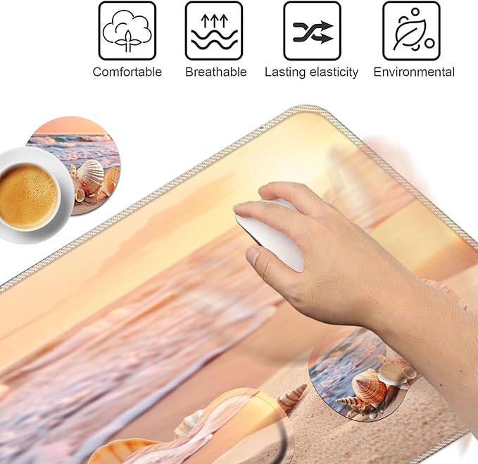 Keyboard Mouse Pad Set,Large Mouse Pad+Keyboard Wrist Rest+Wrist Support+Coaster,31.5x11.8in Extended Desk Mat for Computer Laptop Office Home-Sandy Beach Shell