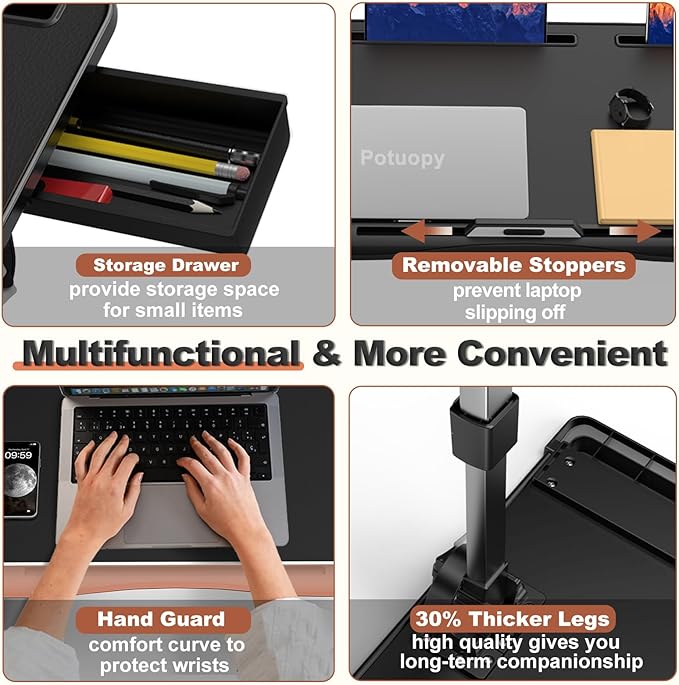 Laptop Bed Table, Potuopy Adjustable Leather Computer Lap Desk, Wide X-Large Folding Bed Desk Tray with Drawer on Couch Floor Bed for Writing Eating Drawing Working, Black