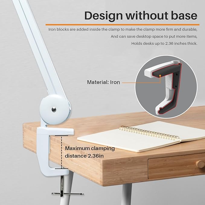 LED Nail Desk Lamp with Clamp, 117PCS LEDs, 2200 Lumens 20 Inch Metal Swivel Arm Dimming Task Lamp for Reading,Desktop Office,Workbench,Architect,Sewing,Study,Home Craft and Nail(White)