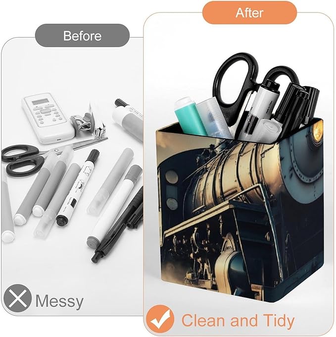 Holder Cup Makeup Brush Storage Organizer, Waterproof Multifunctional Office Supplies, Pen Holder Square Leather Pencil Train