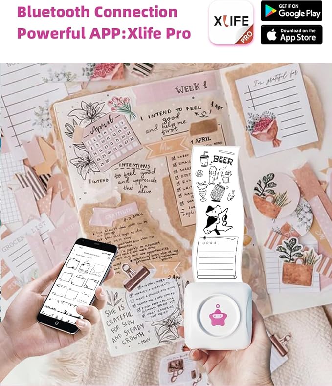 vretti Sticker Printer - TP2-Y Mini Portable Thermal Printer with 10 Rolls Thermal Paper, Inkless Sticker Machine Bluetooth Pocket Printer for iPhone, Study Notes, Pictures, Journal, DIY, Kids Gift