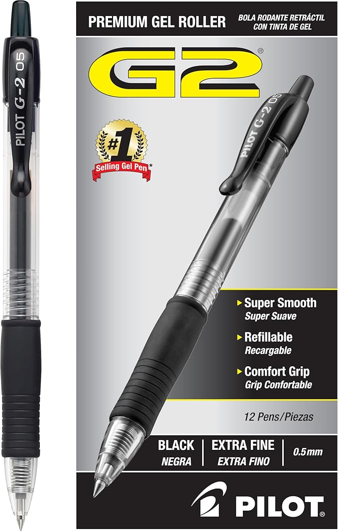 Pilot G2 Premium Gel Roller Pens, Extra Fine Point 0.5 mm, Gel Pens Black Ink, Pack of 12 - Ideal for School, Journaling & Office Writing