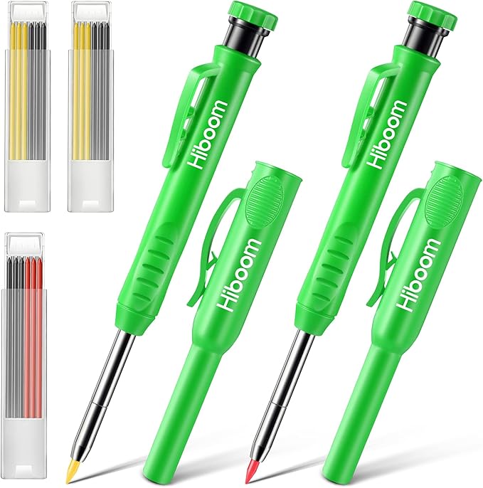 Hiboom 2 Pack Solid Carpenter Pencils with Pencil Cap and 18 Refills, Long Nose Deep Hole Mechanical Pencil Marker, Scribe Tool with Built-in Sharpener for Construction Woodworking Architect (Green)