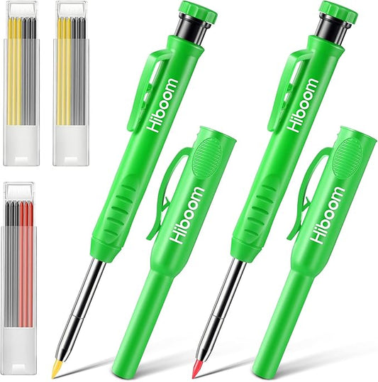 Hiboom 2 Pack Solid Carpenter Pencils with Pencil Cap and 18 Refills, Long Nose Deep Hole Mechanical Pencil Marker, Scribe Tool with Built-in Sharpener for Construction Woodworking Architect (Green)