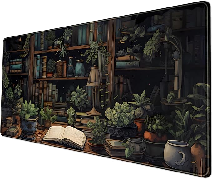 Desk Mat Green Bonsai Library Book Mouse Pad Big Vintage Aesthetic Desk Pad Flower Plant Extended Mouse Pad Large Gaming Mousepad XXL Keyboard Mouse Mat Desktop Mat Office Desk 31.5 X 11.8 in