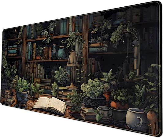 Desk Mat Green Bonsai Library Book Mouse Pad Big Vintage Aesthetic Desk Pad Flower Plant Extended Mouse Pad Large Gaming Mousepad XXL Keyboard Mouse Mat Desktop Mat Office Desk 31.5 X 11.8 in