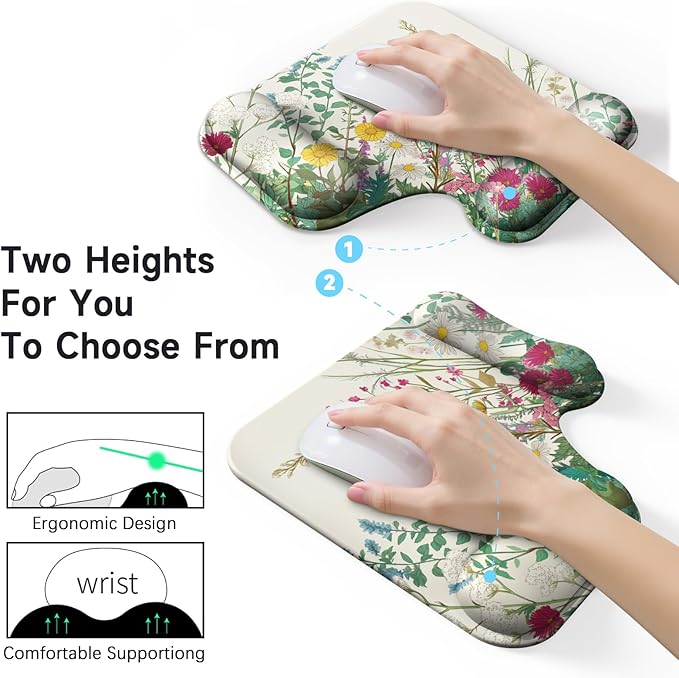 Ergonomic Mouse Pad with Gel Wrist Rest (1"& 1.2" Dual Height) - Mouse Pads Compact Mousepad Desk Mat Office, Gaming & Carpal Tunnel Relief | Non-Slip Rubber Base Wildflower Garden