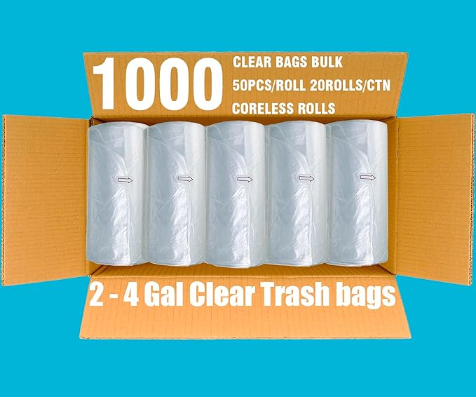 BEIDOU-PAC 2-4 Gallon Trash Bags, 1000 Count Bulk Value Pack, Clear Plastic Recycling Bags, Small Multi-purpose Garbage Bags for Business Home Bathroom Kitchen Commercial and Industrial