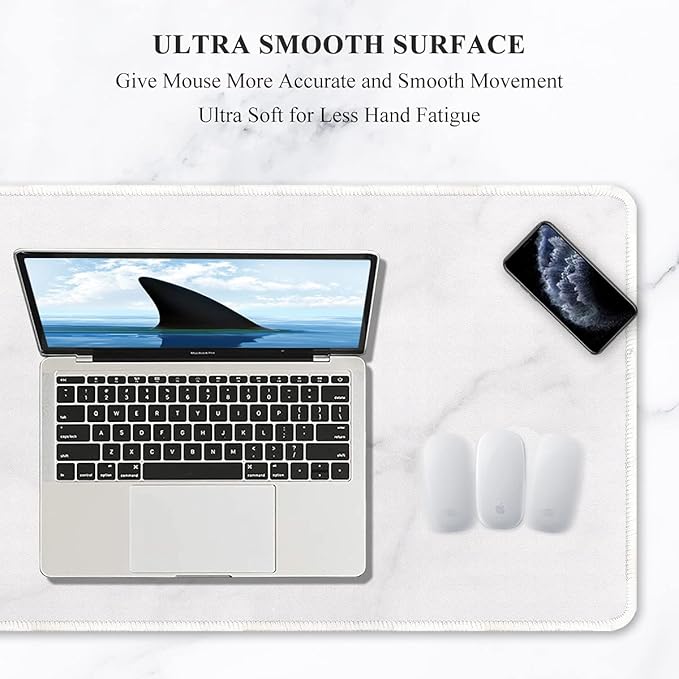 Auhoahsil Extended Mouse Pad, XXL Gaming Mouse Pads, Large Big Mousepad Laptop Computer Keyboard Mat Desk Pad with Non-Slip Base and Stitched Edge for Gaming Office, 35.5 x 15.7 inch, White Marble