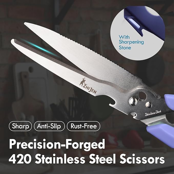 All Purpose Kitchen Scissors for Food and Heavy-Duty, Stainless Steel Cooking Shears for Chicken, Poultry, Meat, Herbs, Fish, Bones, Multi-Purpose Cooking Accessories with Cap and Sharpener