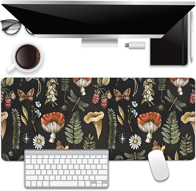 Plant Mushroom Desk Pad Mouse Pad,Large Black Aesthetic Mouse Mat with Stitched Edges,Non-Slip Rubber Base Mousepad for Office PC Keyboard Laptop and Home Work Desk Mat(27.5X11.8 in)